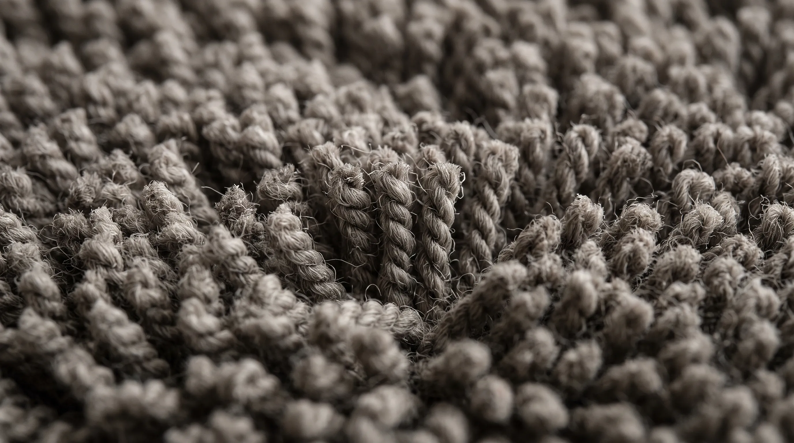 Macro photograph of cut-pile carpet showing individual twisted yarn tufts